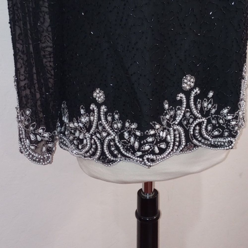 Vintage Lawrence Kazar Paris/New York Black Beaded Pearl Silk Blouse, Size 10 - Picture 5 of 11